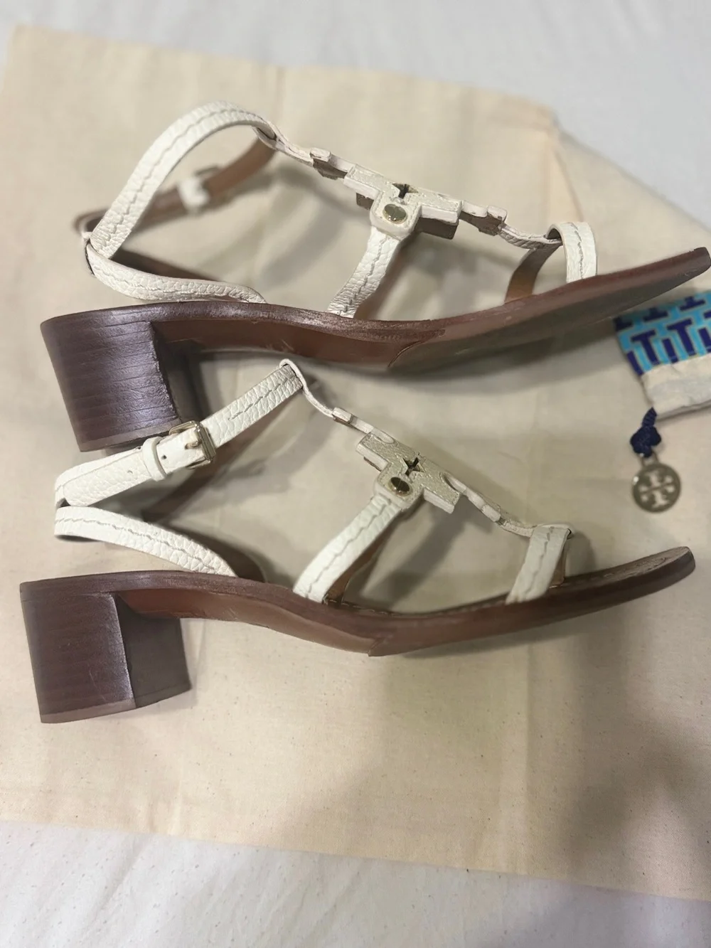 Tory Burch White Leather Logo T-Strap Sandals